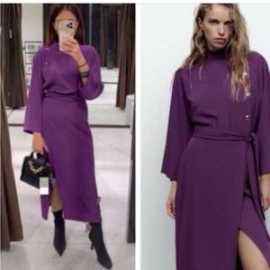 🥰 BLOG FAVE Zara Gold side button mock neck side slit midi dress Secretary Chic